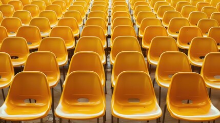 Naklejka premium Yellow plastic chairs with metal legs, arranged in rows, demonstrate the repeatability and simplicity of the design.