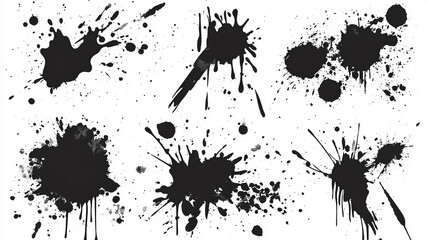 Vector set of ink splashes blots splatter collection grunge design element and art messy backdrop color dirty liquid shape spatter black white silhouette illustration