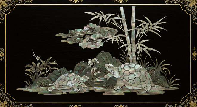 Traditional Korean mother-of-pearl inlay pattern with turtle and bamboo from Sipjangsaeng, symbolizing longevity strength, crafted iridescent nacre, black lacquer, gold accents, and delicate carving