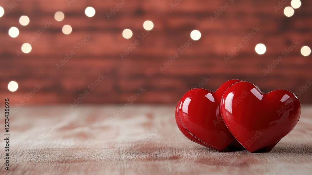 Poster two charming shiny red hearts placed on a rustic wooden table, encapsulating a romantic theme and sh