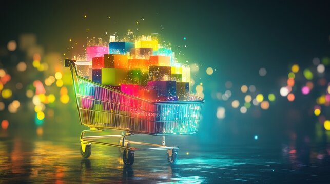 Magical Shopping Spree: A vibrant 3D render of a shopping cart overflowing with luminous gifts, set against a bokeh backdrop.
