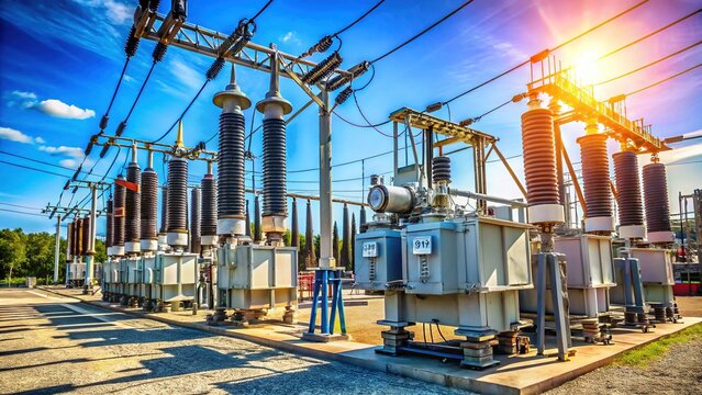 High Voltage Oil-Filled Power Transformer at Electrical Substation Under Blue Sky