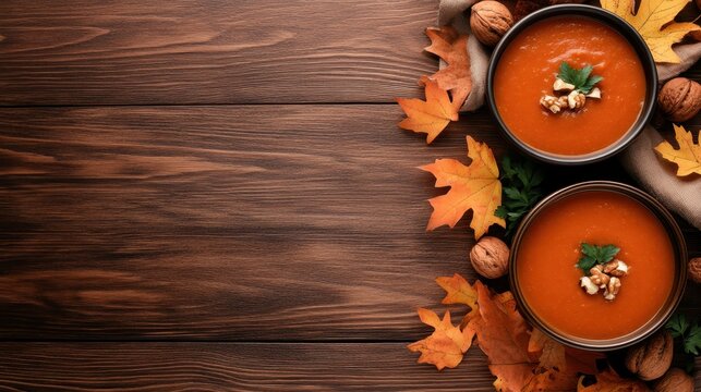 A vibrant display of two bowls of tomato soup artistically arranged with autumn leaves and nuts, perfect for evoking seasonal flavors and a sense of warmth.