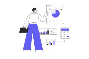 Financial data analysis, analytics, calculation concept. Character Man analyzes graphs, charts, dashboard, counting money. Flat Cartoon Vector Illustration, icon. Stylish abstract