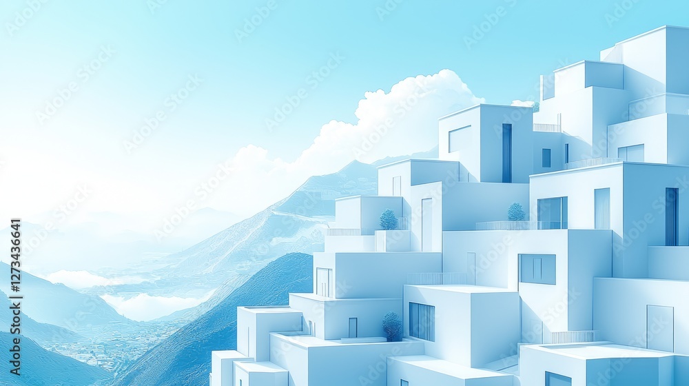 Poster abstract white city on mountainside; tranquil scene; inspiring architecture; background image; artis