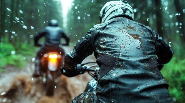 Amidst heavy rainfall, two bikers navigate muddy trails, illustrating determination and the allure of rugged adventures, set against a backdrop of dense, lush forest scenery.