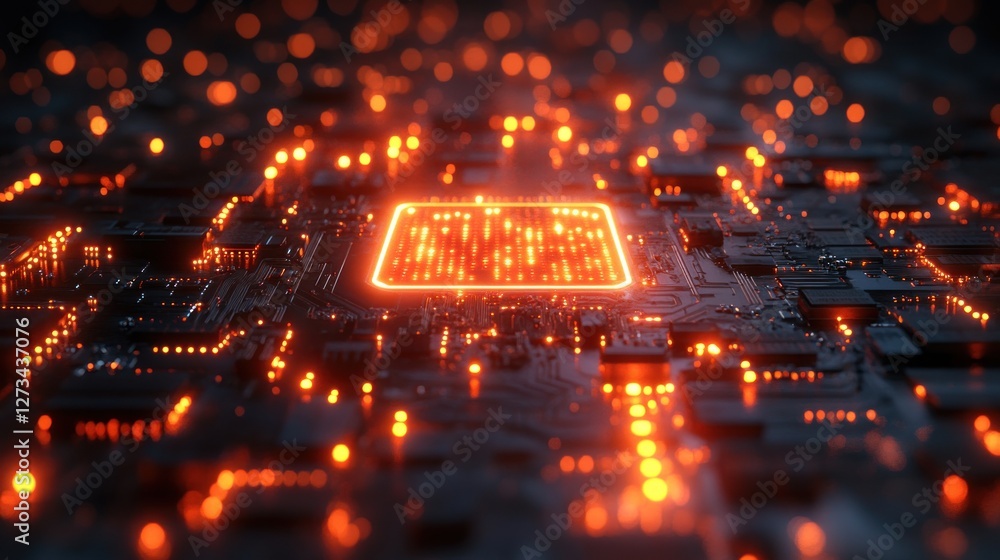 Poster glowing cpu on circuit board, technology background