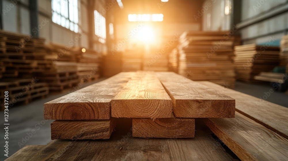 Poster this image captures wooden planks stacked neatly in a sunlit warehouse, with sunlight filtering thro