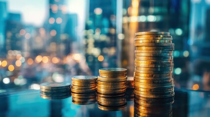 Banking and economy concepts illustrated by a stack of coins on a table representing financial growth