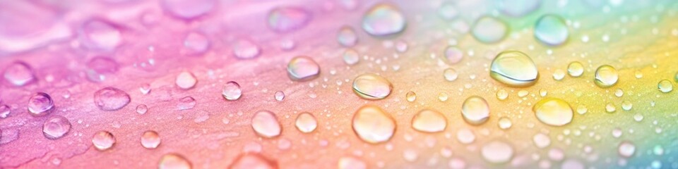 Close-up of water droplets on a colorful, rainbow-hued surface