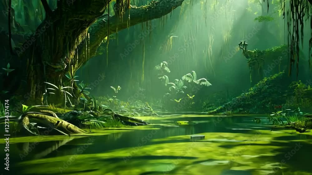Poster lush green rainforest with serene waters and soft light filtering through trees at dawn
