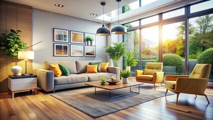 Fototapeta premium Modern Bright Living Room with Cozy Seating & Blank Wall - 3D Render