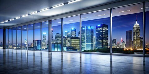 Obraz premium Modern Empty Office Night View: City Skyline Glass Windows, Clean Interior, White Background, Copy Space