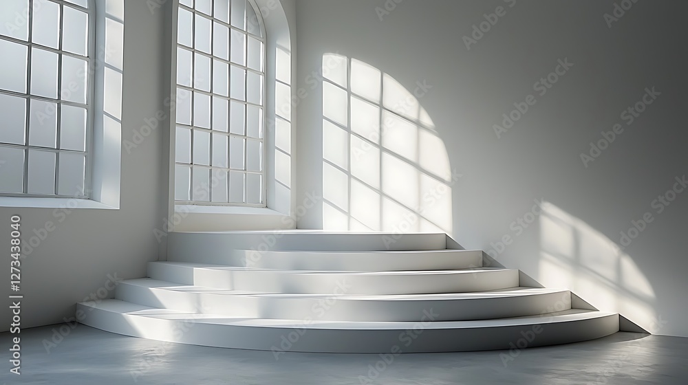 Poster staircase leads up to arched window in an all white room to showcase architecture