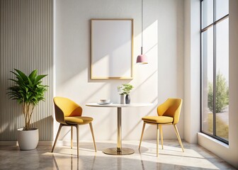 Fototapeta premium Modern Minimalist Breakfast Nook with Round Table & Mockup Poster Frame