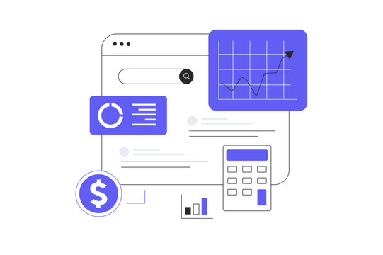 Search engine optimization SEO budget. Calculation of costs for website promotion. Analysis graphics and charts. Flat Cartoon Vector Illustration, icon. Stylish abstract