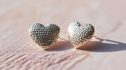 Obraz premium A pair of classic silver heart studs with a textured finish, gently placed on a pastel pink surface