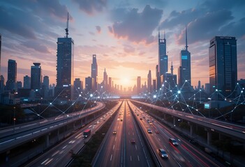 Fototapeta premium Futuristic Smart City Skyline at Sunset with Highways, Skyscrapers, and Digital Connectivity Network