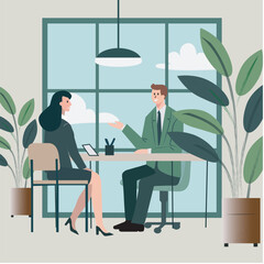 Office scene: A manager sitting in a chair at a desk, discussing something with a woman in a business suit sitting across. Vector illustration.