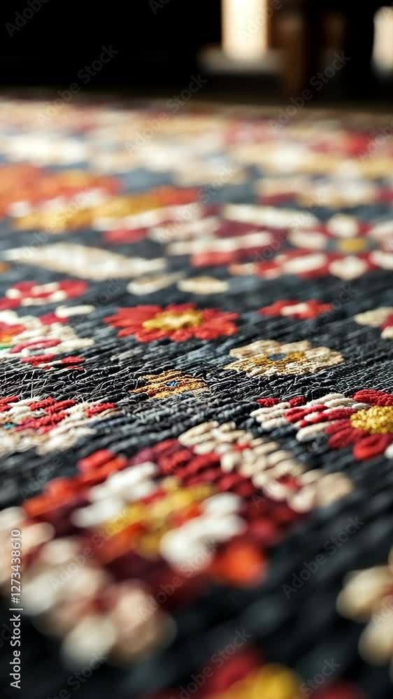 Poster close-up view of a colorful textile displaying intricate embroidery patterns and textures on a dark 