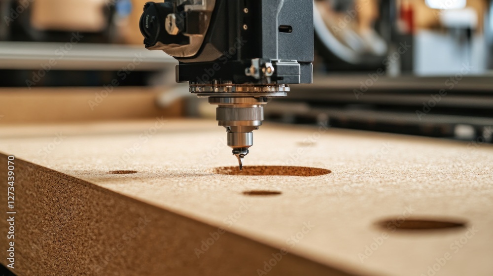 Poster close up of automated cnc router cutting holes into wood