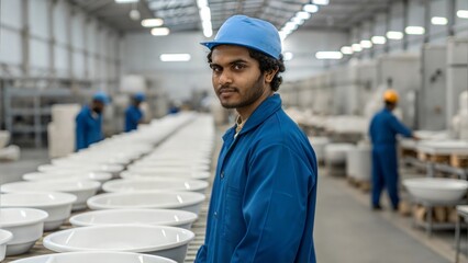 Indian Factory Worker in Sanitaryware Manufacturing Portrait – A worker crafting or inspecting ceramic sinks, toilets, or tiles.
