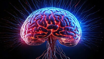 Fototapeta premium Colorful brain illustration with glowing neural connections and energy