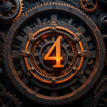 Number Four in Glowing Orange on Steampunk Clockwork Gears