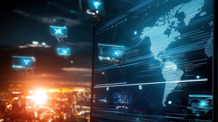 Technological advancements in data visualization urban landscape digital graphic nighttime environment futuristic viewpoint