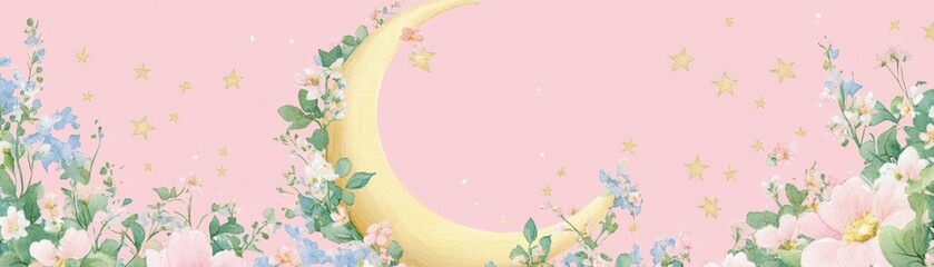 Floral decorated crescent moon against a gentle pink starry backdrop