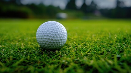 A single golf ball sits atop a vibrant green grass, perfect for a golf course or sports-themed image