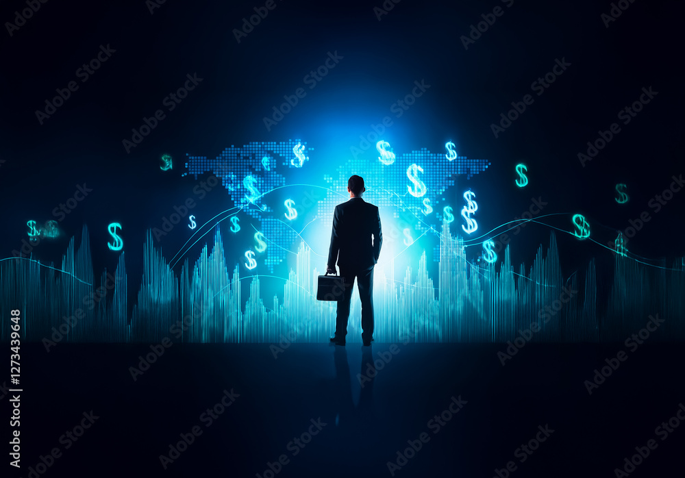 Poster shenzhen, china - unknown date : silhouetted businessman stands before a glowing world map with doll
