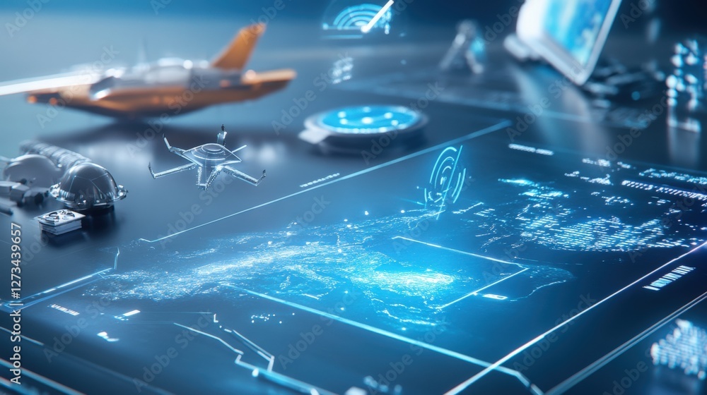 Poster innovative drone technology showcase futuristic lab digital rendering high-tech environment aerial p