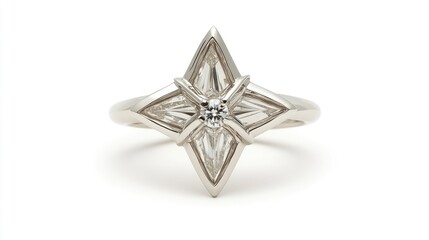 Fototapeta premium A radiant silver ring with a star-shaped diamond setting, glowing elegantly on a clean white backdrop