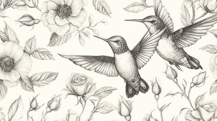 Two hummingbirds in flight amidst roses; floral background; nature illustration