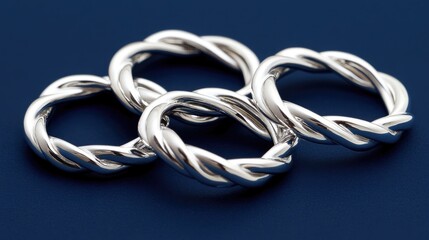 Naklejka premium A set of matching twisted silver rings with a polished finish, arranged beautifully on a dark blue background