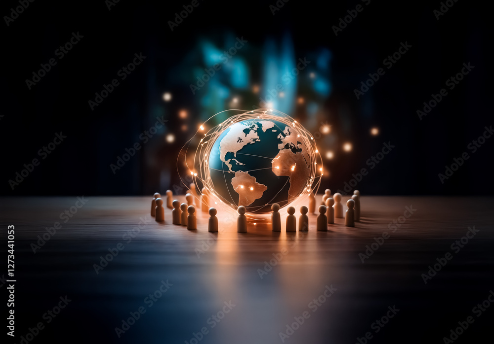 Leinwandbilder Shenzhen, China - Unknown Date : A luminous globe is encircled by figurines, linked with radiant lines, representing global connection and networking in a dim setting.