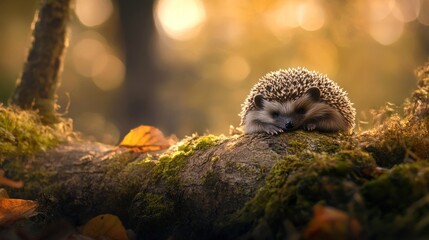 Obraz premium Hedgehog rests peacefully upon a mossy log in the forest