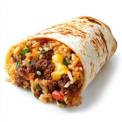 Spicy beef burrito with melted cheese and rice isolated on white