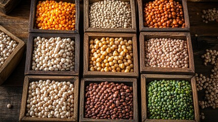 A selection of dry legumes like chickpeas, lentils, and beans, arranged in wooden containers on a wooden table for a wholesome meal