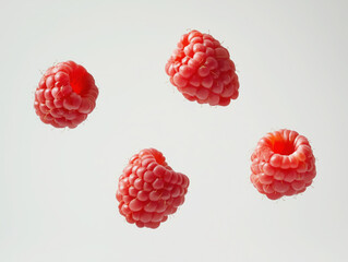 Four fresh raspberries floating on white background