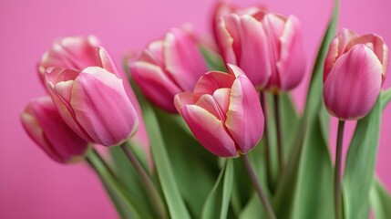 Obraz premium Fresh bouquet of pink tulips arranged in a decorative vase