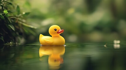 A single yellow rubber duck with a small reflection on the water's surface, against a soft, natural backdrop of plants