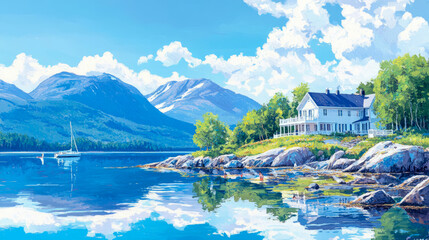 Fototapeta premium Summer Serenity: Lakeside Home with Mountains, Sailboat and Swimmers, Artwork for Print, Decoration