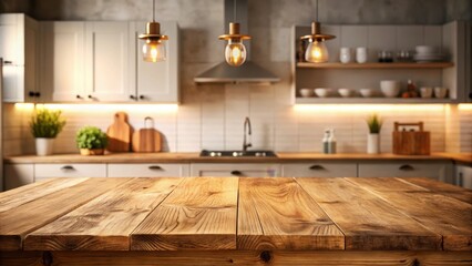 Rustic Wooden Tabletop in a Warm and Inviting Kitchen Setting with Soft Lighting © Kukar Studio