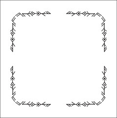Elegant black and white ornamental frame with Viking runes, decorative border, corners for greeting cards, banners, business cards, invitations, menus. Isolated vector illustration.	