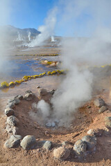 El Tatio  geothermal field with many geysers located in the Andes Mountains of northern Chile