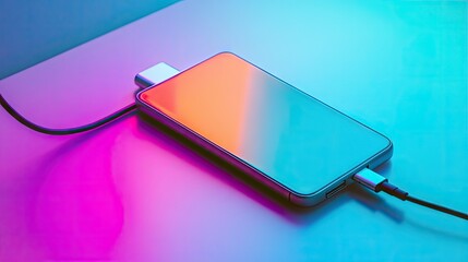 A smartphone and portable power bank connected with a USB cable, charging together on a table with a bright, minimalist background