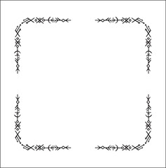 Elegant black and white ornamental frame with Viking runes, decorative border, corners for greeting cards, banners, business cards, invitations, menus. Isolated vector illustration.	