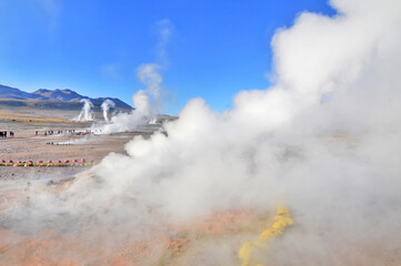 El Tatio  geothermal field with many geysers located in the Andes Mountains of northern Chile